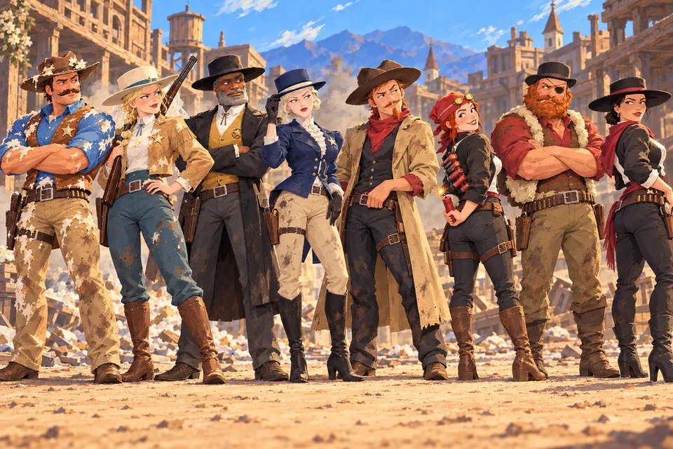 Die Sheriffs und Outlaws von RUSTLERS stehen sich auf der Hauptstraße gegenüber
